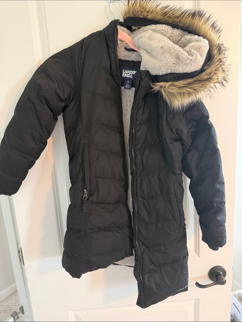 Lands' End Girls' Black Puffer Coat with Faux-Fur Trimmed Hood